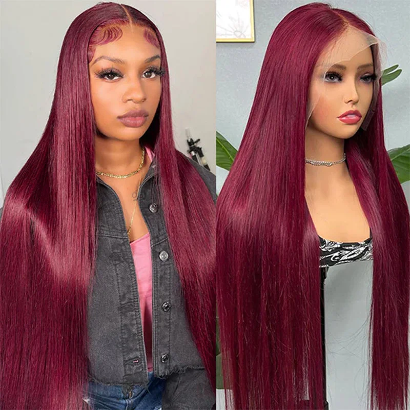 Colored wig with a pre - plucked hairline for a more natural lookCheetah Beauty 99J Straight Human Hair Wig Burgundy Lace Frontal Wig Colored wig with a pre - plucked hairline for a more natural lookCheetah Beauty 99J Straight Human Hair Wig Burgundy Lace Frontal Wig