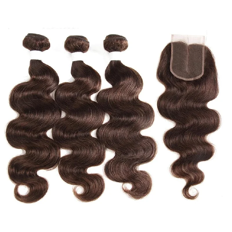 Colored wig with a side - swept bang for a sophisticated lookChocolate Brown Body Wave 3 Bundles With 4X4 Lace Closure 100% virgin human hair Colored wig with a side - swept bang for a sophisticated lookChocolate Brown Body Wave 3 Bundles With 4X4 Lace Closure 100% virgin human hair