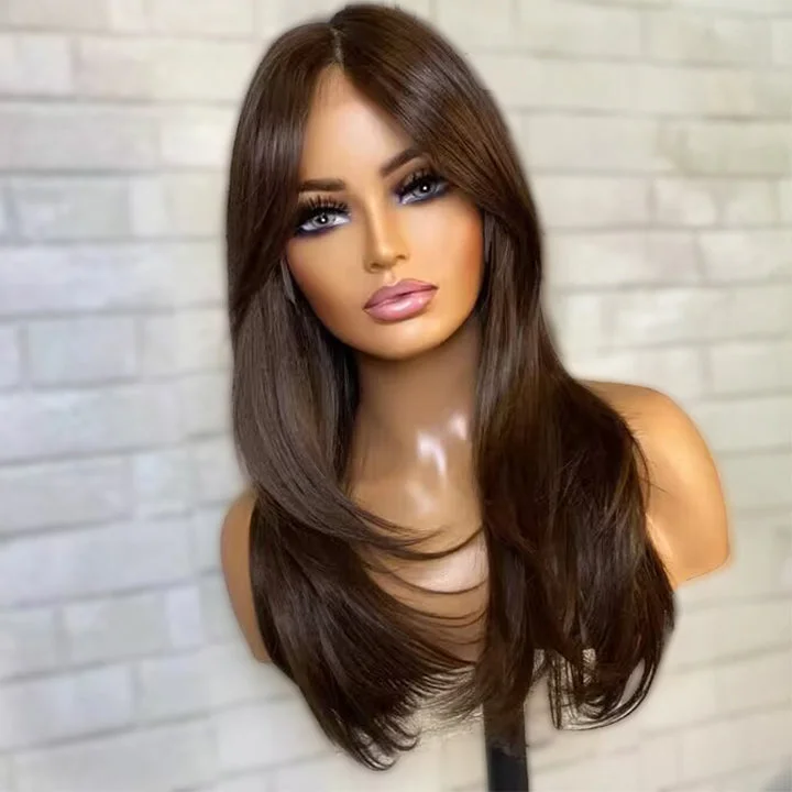 Lace wig with a side - part for a more flattering lookChocolate Brown Layers Curtain Bangs Straight 9x6 Pre Cut Lace Wig Lace wig with a side - part for a more flattering lookChocolate Brown Layers Curtain Bangs Straight 9x6 Pre Cut Lace Wig