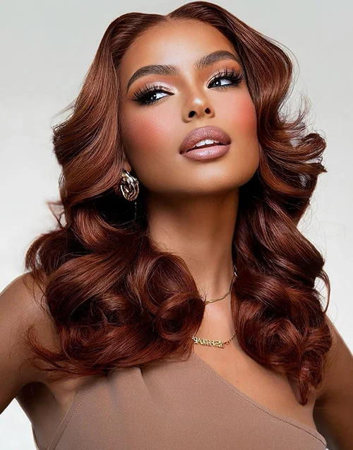Colored wig in a vibrant pink color for a bold and eye - catching lookCopper Brown Color Bouncy Wave Wig Glueless Pre Cut 13x5 Lace Human Hair Wigs