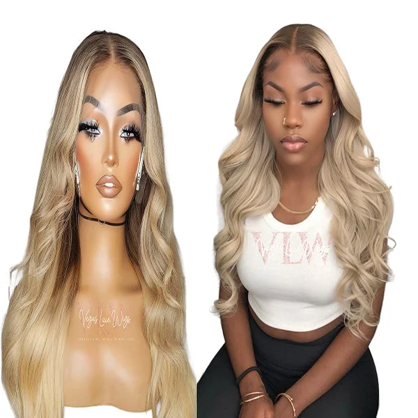 Lace wig with a platinum - blonde color for a bold and trendy lookHD Invisible Lace Blond Wig With Dark Roots Lace wig with a platinum - blonde color for a bold and trendy lookHD Invisible Lace Blond Wig With Dark Roots