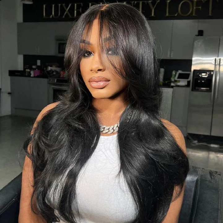 Lace wig in a chocolate - brown color for a rich and warm appearanceFace-Framing Curtain Bangs Straight Wig 6x5 Ready To Go Glueless Lace Wig Pre Cut Lace Lace wig in a chocolate - brown color for a rich and warm appearanceFace-Framing Curtain Bangs Straight Wig 6x5 Ready To Go Glueless Lace Wig Pre Cut Lace