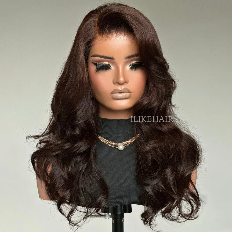 Colored wig with a pre - plucked hairline for a more natural lookDark Brown Layered Wavy With Side Bang Lace Wig Colored wig with a pre - plucked hairline for a more natural lookDark Brown Layered Wavy With Side Bang Lace Wig