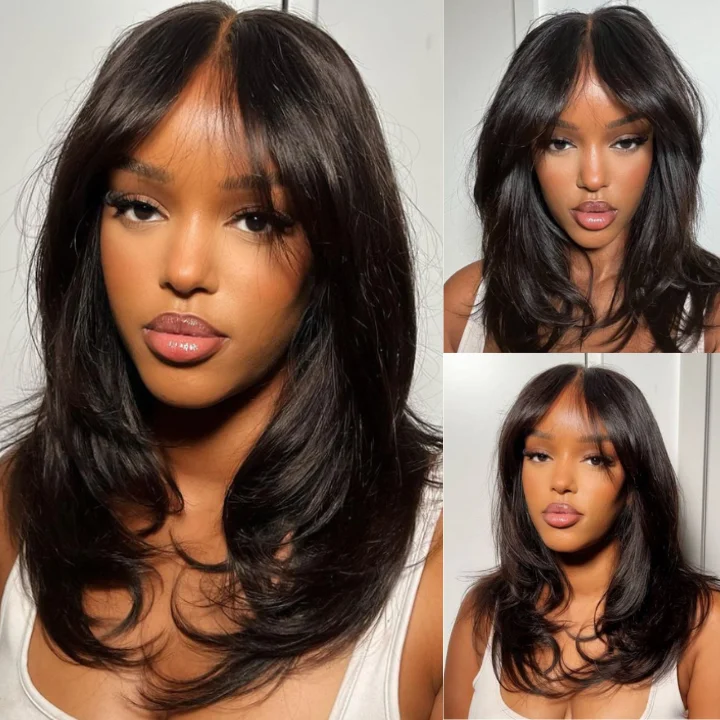 Lace wig with a straight texture for a sleek and minimalist lookCurtain Bangs Wavy Layer Cut Glueless 7x5 Pre Cut Lace Wig Human Hair Lace wig with a straight texture for a sleek and minimalist lookCurtain Bangs Wavy Layer Cut Glueless 7x5 Pre Cut Lace Wig Human Hair