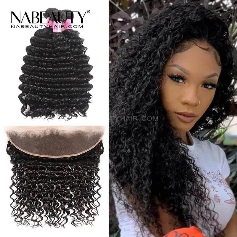 Lace wig with a natural - looking root for a more realistic lookFrontal Wig | 13x4 Frontal With 3 Bundles Deep Wave Nabeauty Virgin Hair 300%Density Lace wig with a natural - looking root for a more realistic lookFrontal Wig | 13x4 Frontal With 3 Bundles Deep Wave Nabeauty Virgin Hair 300%Density