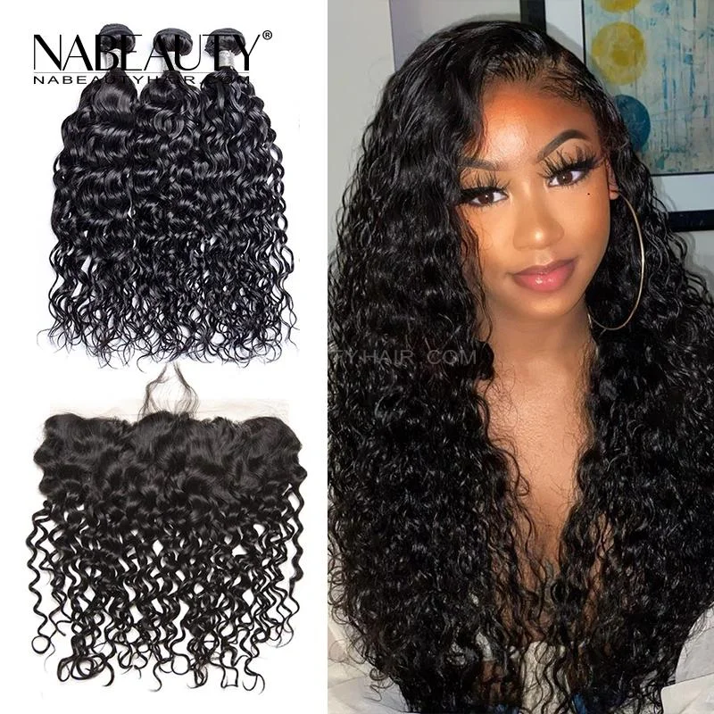 Lace wig with a curly texture for a bold and stylish choiceFrontal Wig | 13x4 Frontal With 3 Bundles Water Wave Nabeauty Virgin Hair 300%Density