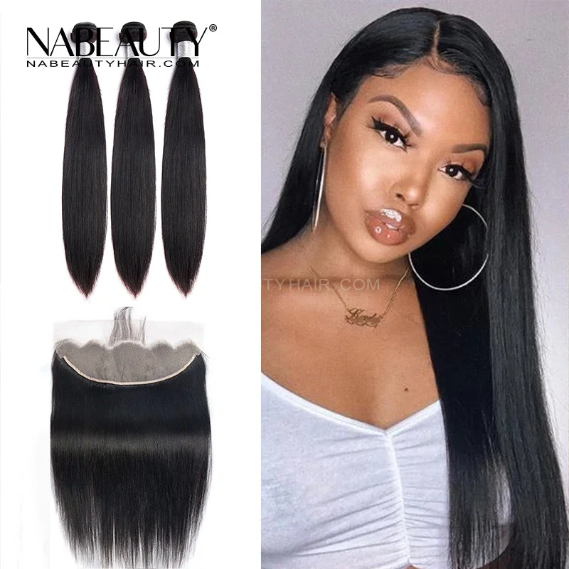 Lace wig with a side - swept bang for a sophisticated lookFrontal Wig | 13x4Frontal With 3 Bundles Straight Nabeauty Virgin Hair 300%Density Lace wig with a side - swept bang for a sophisticated lookFrontal Wig | 13x4Frontal With 3 Bundles Straight Nabeauty Virgin Hair 300%Density