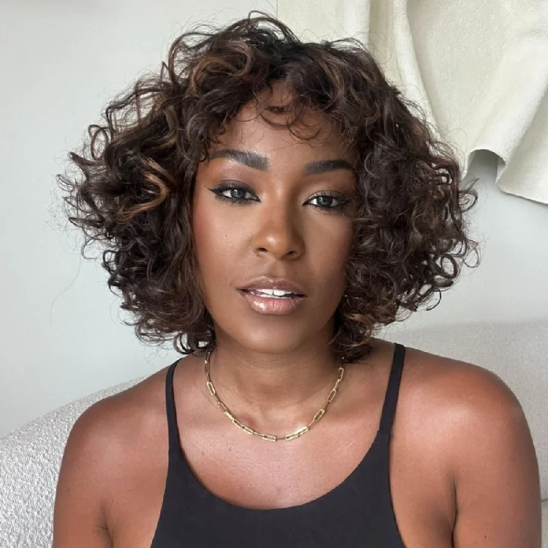 Colored wig with a blue - green ombre effect for a unique and trendy appearanceGlueless Brown Highlights Curly Bob Wig Colored wig with a blue - green ombre effect for a unique and trendy appearanceGlueless Brown Highlights Curly Bob Wig