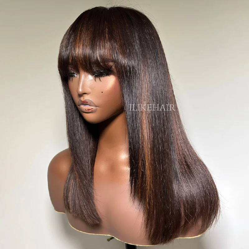 Human - hair colored wig for a natural and luxurious feelGlueless Highlight Layered Cut Straight 5x5 Lace Closure Wig With Bangs Human - hair colored wig for a natural and luxurious feelGlueless Highlight Layered Cut Straight 5x5 Lace Closure Wig With Bangs