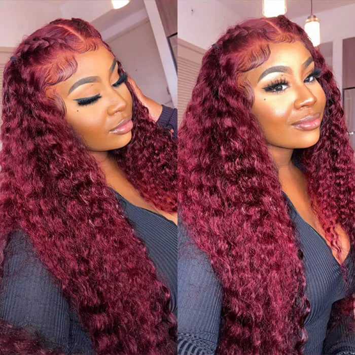 Colored wig with a wavy texture for a beachy and fun lookGlueless Human Hair Wigs Knot Bleaching Deep Wave #99J Burgundy Color Upgrade 8x5 Pre Cut PartingMax HD Lace Wear & Go Colored wig with a wavy texture for a beachy and fun lookGlueless Human Hair Wigs Knot Bleaching Deep Wave #99J Burgundy Color Upgrade 8x5 Pre Cut PartingMax HD Lace Wear & Go