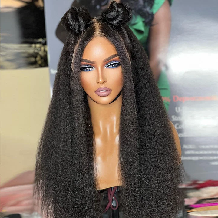 Lace wig with a side - part for a more flattering lookPre Cut Glueless Invisible HD Lace Kinky Straight 13x4 Lace Front Wig Yaki Straight Human Hair Wigs Lace wig with a side - part for a more flattering lookPre Cut Glueless Invisible HD Lace Kinky Straight 13x4 Lace Front Wig Yaki Straight Human Hair Wigs