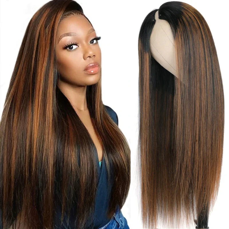 Colored wig with a wispy fringe for a soft and feminine lookNo Leave Out Glueless #FB30 Balayage Straight V Part Wig Beginner Friendly Upgrade U Part Wig