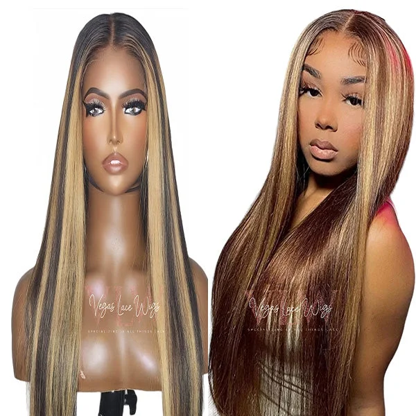 Lace wig with a wispy fringe for a soft and feminine lookHD Invisible Lace Straight Wig with Blonde Highlights Lace wig with a wispy fringe for a soft and feminine lookHD Invisible Lace Straight Wig with Blonde Highlights