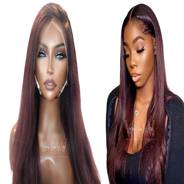 Human - hair lace wig for a luxurious and natural feelHD Invisible Lace Wig 99j with dark roots Human - hair lace wig for a luxurious and natural feelHD Invisible Lace Wig 99j with dark roots