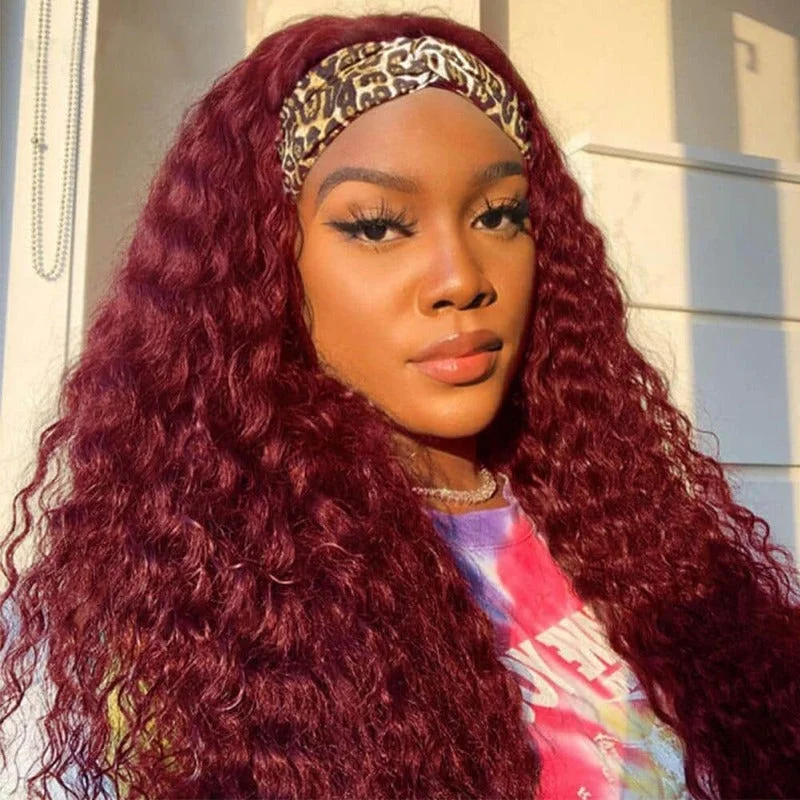 Colored wig with a side - swept bang for a sophisticated lookWater Wave 99J Burgandy Glueless Headband Wig 100% Virgin Human Hair Colored wig with a side - swept bang for a sophisticated lookWater Wave 99J Burgandy Glueless Headband Wig 100% Virgin Human Hair