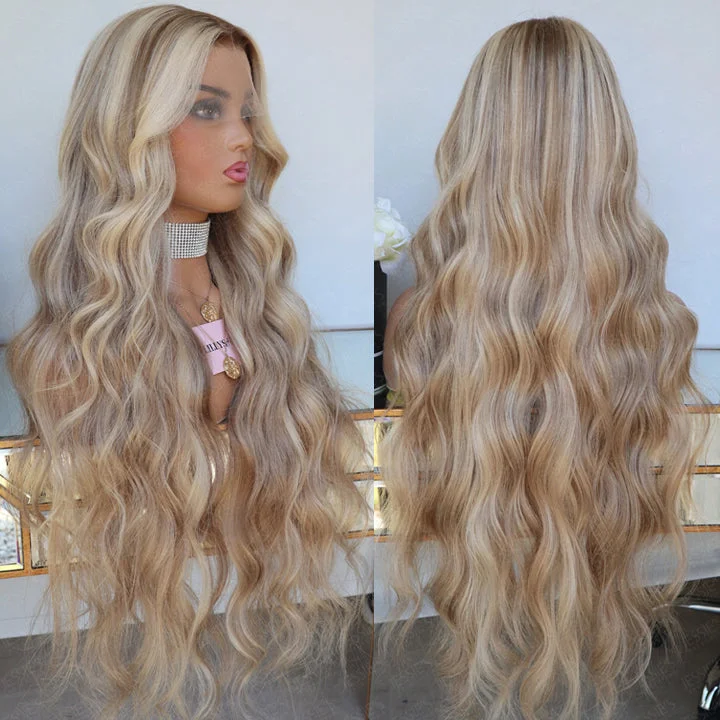 Lace wig with a wispy fringe for a soft and feminine lookHighlight Brown Mix Blonde 613 Hair Body Wave 13x4 Lace Front Wig 4x4 Lace Closure Human Hair Wig Lace wig with a wispy fringe for a soft and feminine lookHighlight Brown Mix Blonde 613 Hair Body Wave 13x4 Lace Front Wig 4x4 Lace Closure Human Hair Wig