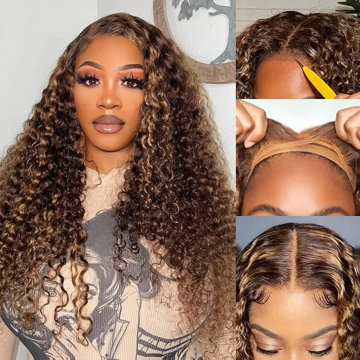 Adjustable - cap lace wig for a comfortable fitHighlight Honey Brown Curly Pre Cut 5x6 Lace Human Hair Wig Adjustable - cap lace wig for a comfortable fitHighlight Honey Brown Curly Pre Cut 5x6 Lace Human Hair Wig