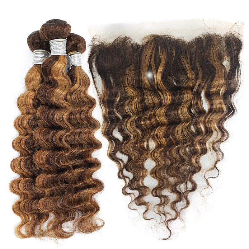 Colored wig with a wispy fringe for a soft and feminine lookHighlight P4/27 Loose Deep 3 Bundles With 13x4 Transparent Lace Frontal 100% Human Hair Colored wig with a wispy fringe for a soft and feminine lookHighlight P4/27 Loose Deep 3 Bundles With 13x4 Transparent Lace Frontal 100% Human Hair