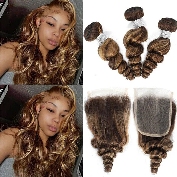 Colored wig with a middle - part for a classic and elegant styleHighlight P4/30 Loose Deep Wave 3 Bundles With 4X4 Transparent Lace Closure Virgin Human Hair Colored wig with a middle - part for a classic and elegant styleHighlight P4/30 Loose Deep Wave 3 Bundles With 4X4 Transparent Lace Closure Virgin Human Hair