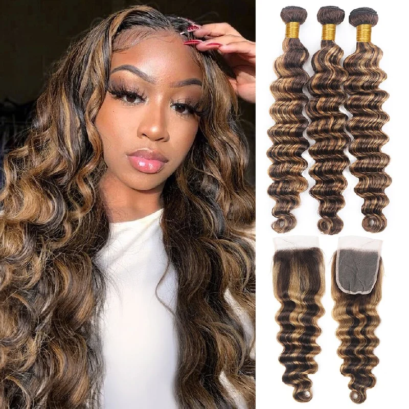 Colored wig with a wispy fringe for a soft and feminine lookHighlight P4/27 Loose Deep Wave 3 Bundles With 4x4 Lace Closure 100% Real Human Hair Colored wig with a wispy fringe for a soft and feminine lookHighlight P4/27 Loose Deep Wave 3 Bundles With 4x4 Lace Closure 100% Real Human Hair