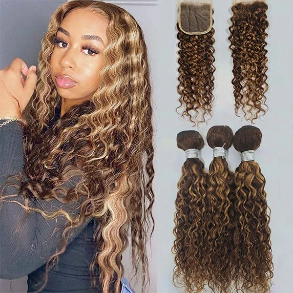Colored wig with a purple - violet shade for a regal and elegant lookHighlight P4/27 Water Wave 3 Bundles With 4X4 Lace Closure 100% Virgin Human Hair Colored wig with a purple - violet shade for a regal and elegant lookHighlight P4/27 Water Wave 3 Bundles With 4X4 Lace Closure 100% Virgin Human Hair