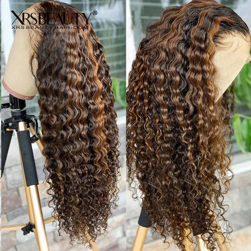 Adjustable - cap colored wig for a comfortable fit#2/30 Highlight Water wave Front Lace Wig Virgin Hair Natural Hairline [CFW28]