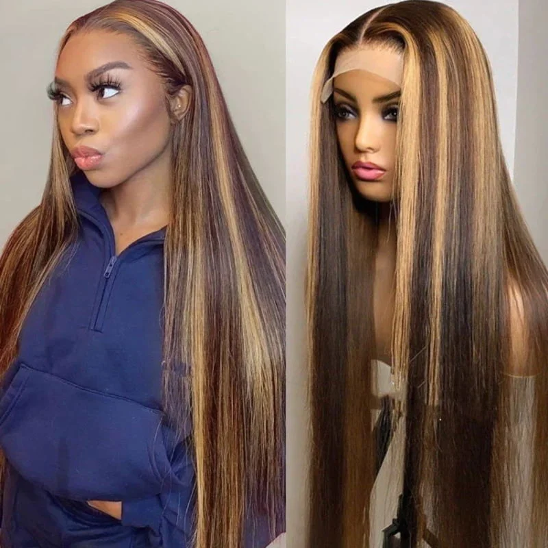 Colored wig with a straight texture for a sleek and minimalist look#4/27 Highlight Straight HD Transparent Lace Front Wig 100% Virgin Human Hair Colored wig with a straight texture for a sleek and minimalist look#4/27 Highlight Straight HD Transparent Lace Front Wig 100% Virgin Human Hair