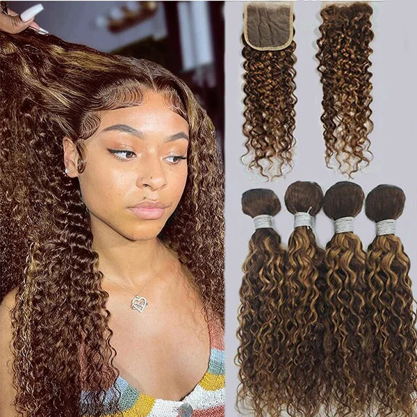 Colored wig in a vibrant pink color for a bold and eye - catching lookP4/30 Highlight Water Wave 4 Bundles With 4X4 Lace Closure Virgin Human Hair Colored wig in a vibrant pink color for a bold and eye - catching lookP4/30 Highlight Water Wave 4 Bundles With 4X4 Lace Closure Virgin Human Hair