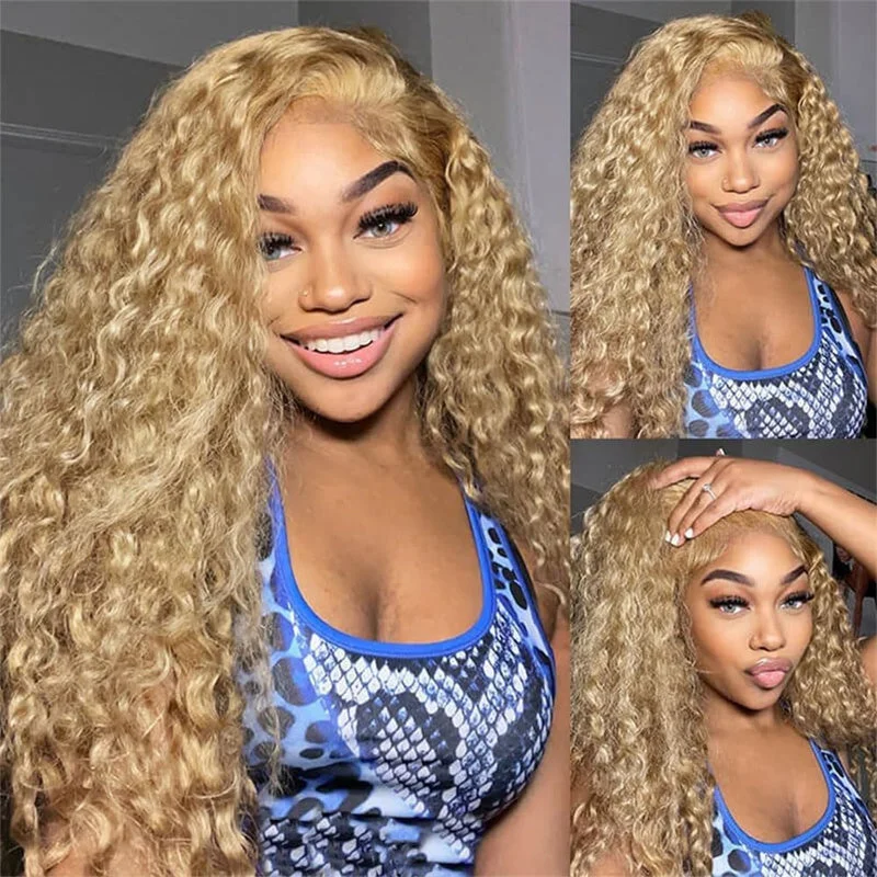 Colored wig with a red - orange hue for a warm and energetic lookHoney Blonde 13x6 Water Wave Lace Frontal Wigs Human Hair Transparent Lace Frontal Wig Pre Plucked Wat and Wavy Curly Virgin Human Hair Wigs