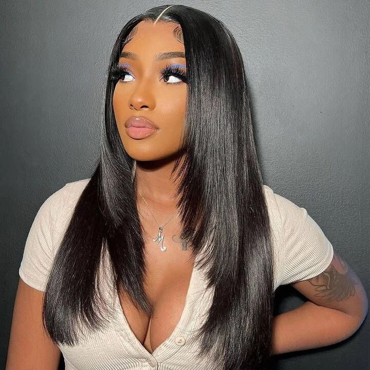 Lace wig with a pre - plucked hairline for a more natural lookInner Buckle Cute Straight 13x4 Lace Front Butterfly Haircut Wig With Medium Length Layered Hair Lace wig with a pre - plucked hairline for a more natural lookInner Buckle Cute Straight 13x4 Lace Front Butterfly Haircut Wig With Medium Length Layered Hair
