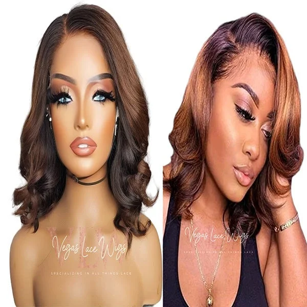 Synthetic lace wig with a heat - resistant formulaInvisible HD Lace Bob Wig Body Wave with #4 Highlights Synthetic lace wig with a heat - resistant formulaInvisible HD Lace Bob Wig Body Wave with #4 Highlights