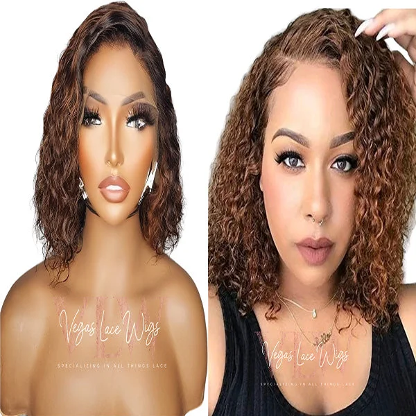 Adjustable - cap lace wig for a comfortable fitInvisible HD Lace Bob Wig Deep Wave HoneyBrown Highlights Breeona Adjustable - cap lace wig for a comfortable fitInvisible HD Lace Bob Wig Deep Wave HoneyBrown Highlights Breeona