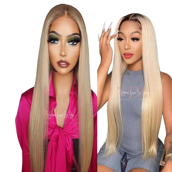Adjustable - cap lace wig for a comfortable fitInvisible Lace Blond Wig With Dark Roots Straight Adjustable - cap lace wig for a comfortable fitInvisible Lace Blond Wig With Dark Roots Straight