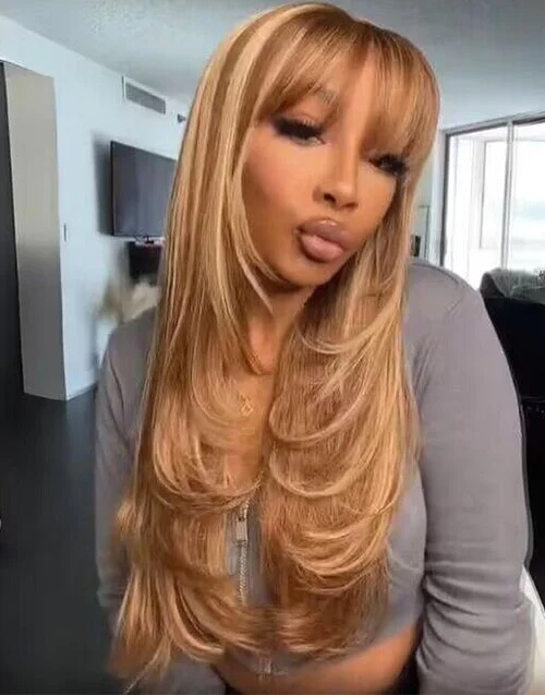 Colored wig with a straight texture for a sleek and minimalist lookLayer Cut Highlight Honey Brown Straight Pre Cut 13x5 Lace Wig With Bangs Glueless Wig Colored wig with a straight texture for a sleek and minimalist lookLayer Cut Highlight Honey Brown Straight Pre Cut 13x5 Lace Wig With Bangs Glueless Wig