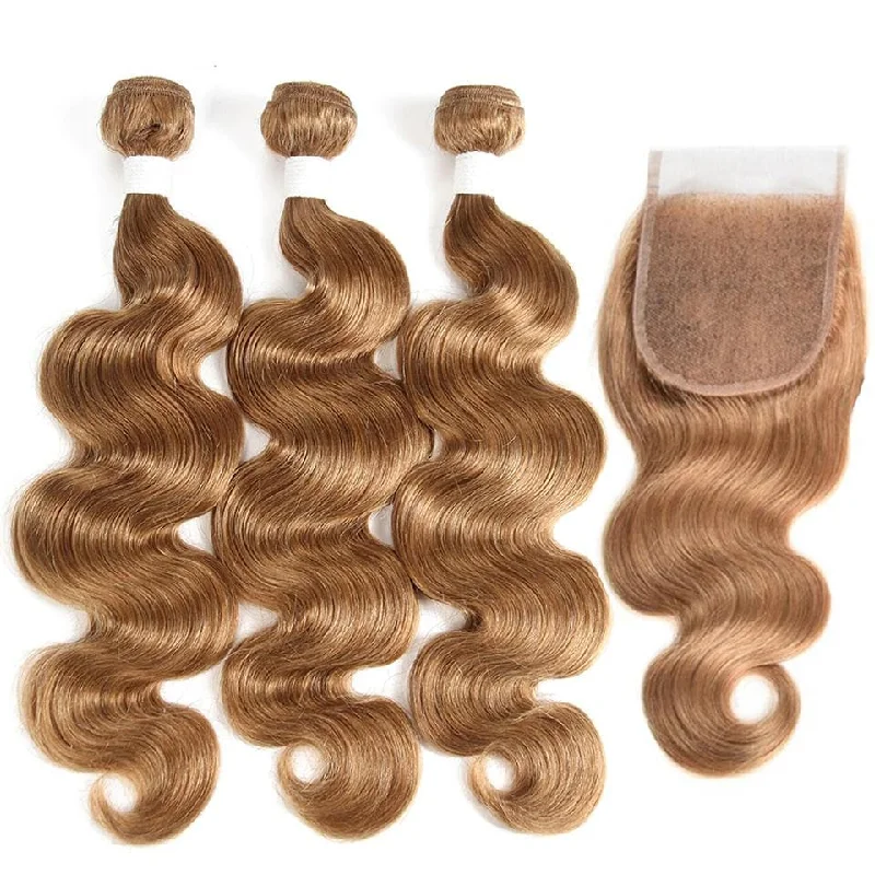 Colored wig with a straight texture for a sleek and minimalist look#27 Light Brown Body Wave 3 Bundles With 4x4 Lace Closure 100% Real Human Hair Colored wig with a straight texture for a sleek and minimalist look#27 Light Brown Body Wave 3 Bundles With 4x4 Lace Closure 100% Real Human Hair