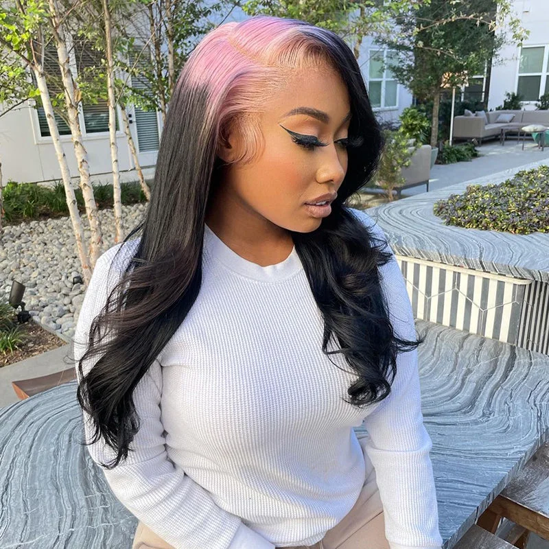 Synthetic colored wig with a heat - resistant formula for easy stylingLight Pink Sparkle Roots & Black Hair Body Wave 13x4/13x6 Lace Front Wig 100% Virgin Human Hair Synthetic colored wig with a heat - resistant formula for easy stylingLight Pink Sparkle Roots & Black Hair Body Wave 13x4/13x6 Lace Front Wig 100% Virgin Human Hair