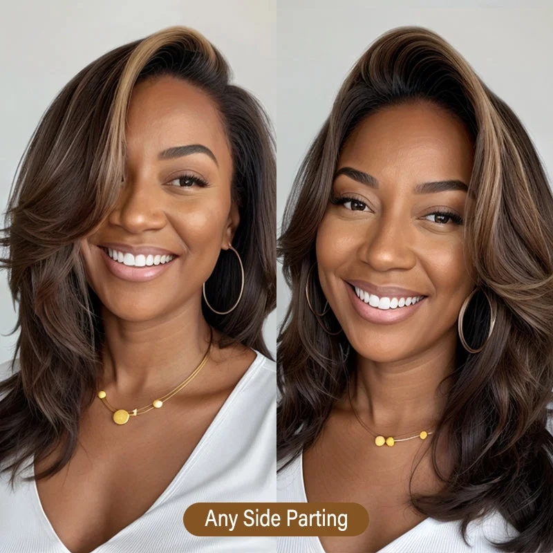 Colored wig with a side - swept bang for a sophisticated lookNY Hair Color Layered Cut Wavy Dark Brown with Blonde Highlights 13x4 Lace Front Wig Colored wig with a side - swept bang for a sophisticated lookNY Hair Color Layered Cut Wavy Dark Brown with Blonde Highlights 13x4 Lace Front Wig