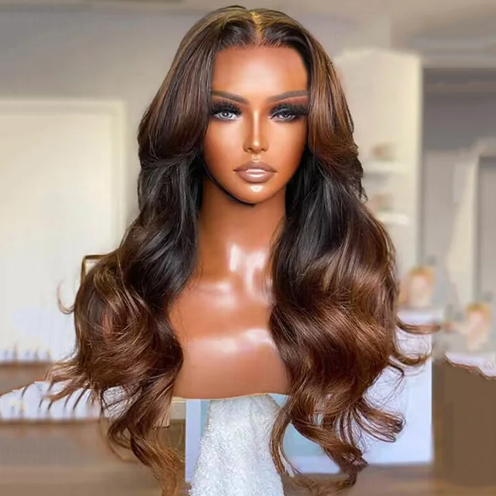 Adjustable - cap lace wig for a comfortable fitLong Layered Curtain Bangs with Rich Honey Brown Ombre Wavy 9x6 Pre Cut Lace Wigs Adjustable - cap lace wig for a comfortable fitLong Layered Curtain Bangs with Rich Honey Brown Ombre Wavy 9x6 Pre Cut Lace Wigs