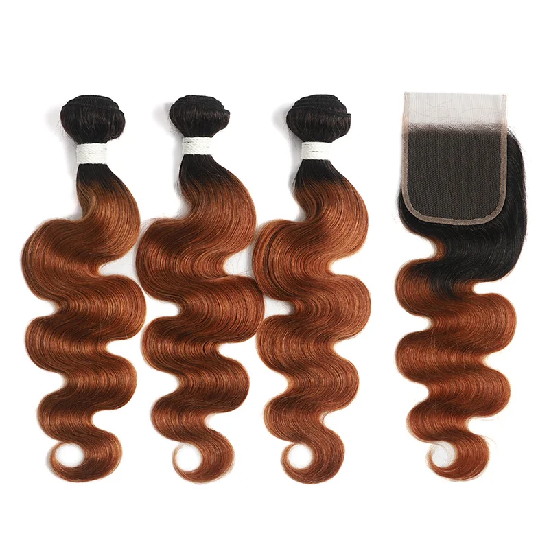 Colored wig with a natural - looking root for a more realistic lookOmbre 1B/30 Body Wave 3 Bundles With Closure 4x4 pre Colored 100% Virgin Human Hair Colored wig with a natural - looking root for a more realistic lookOmbre 1B/30 Body Wave 3 Bundles With Closure 4x4 pre Colored 100% Virgin Human Hair