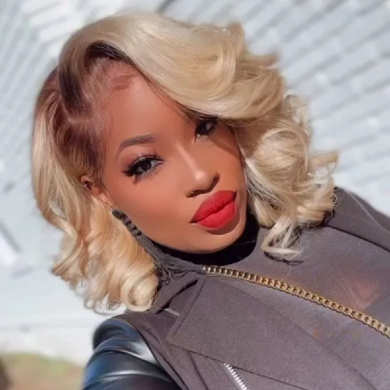 Colored wig with a wavy texture for a beachy and fun lookOmbre 613 Blonde Layered Cut Bob With Brown Root 13x4 Lace Front Wig Colored wig with a wavy texture for a beachy and fun lookOmbre 613 Blonde Layered Cut Bob With Brown Root 13x4 Lace Front Wig