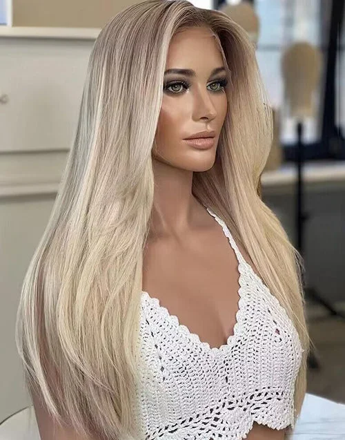 Colored wig with a wispy fringe for a soft and feminine lookOmbre Ash Blonde Straight HD Invisable 13X4/13X6 Lace Frontal Wig 200% Density Human Hair Wigs