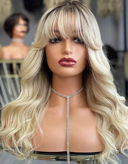Colored wig with a side - part for a more flattering appearanceOmbre Blonde Wavy 13x6 Deep Part Lace Glueless Wig With Curtain Bangs Human Hair Colored wig with a side - part for a more flattering appearanceOmbre Blonde Wavy 13x6 Deep Part Lace Glueless Wig With Curtain Bangs Human Hair