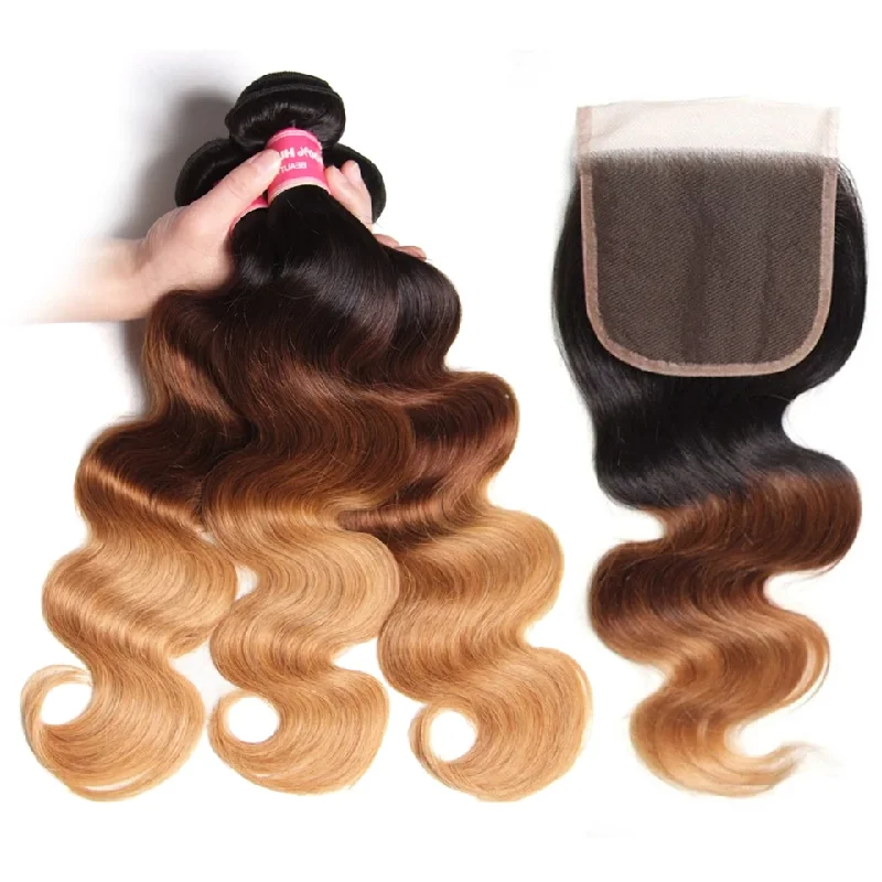 Colored wig with a wavy texture for a beachy and fun lookOmbre 1b/4/27 Body Wave 3 Bundles with 4x4 lace Closure Human Hair Colored wig with a wavy texture for a beachy and fun lookOmbre 1b/4/27 Body Wave 3 Bundles with 4x4 lace Closure Human Hair