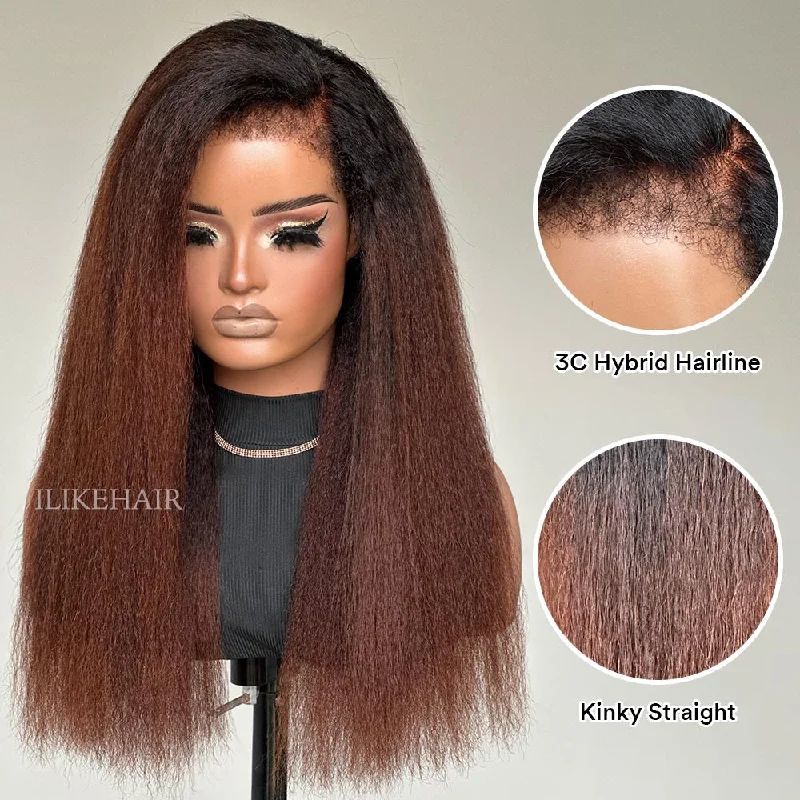 Colored wig with a silver - grey color for a trendy and cool - toned lookOmbre Brown Kinky Straight With Hybrid Hairline 9x4 HD Lace Glueless Wig Colored wig with a silver - grey color for a trendy and cool - toned lookOmbre Brown Kinky Straight With Hybrid Hairline 9x4 HD Lace Glueless Wig