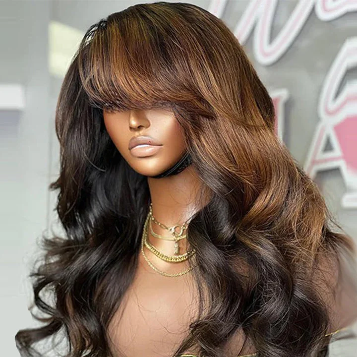 Lace wig with a wavy texture for a beachy lookOmbre Brown Loose Wave 4x4 Lace Wig With Side Bangs Glueless Human Hair Wig Lace wig with a wavy texture for a beachy lookOmbre Brown Loose Wave 4x4 Lace Wig With Side Bangs Glueless Human Hair Wig
