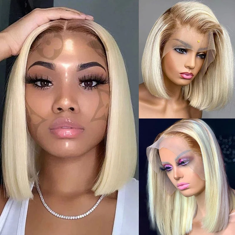 Adjustable - cap colored wig for a comfortable fit4/613 Ombre Blonde Straight Bob Pre-plucked Lace Human Wigs With Dark Brown Root Adjustable - cap colored wig for a comfortable fit4/613 Ombre Blonde Straight Bob Pre-plucked Lace Human Wigs With Dark Brown Root