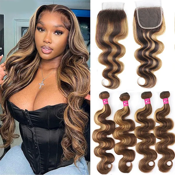 Human - hair colored wig for a natural and luxurious feelP4/27 Highlight Body Wave 4 Bundles With 4x4 Lace Closure 100% Human Hair Human - hair colored wig for a natural and luxurious feelP4/27 Highlight Body Wave 4 Bundles With 4x4 Lace Closure 100% Human Hair
