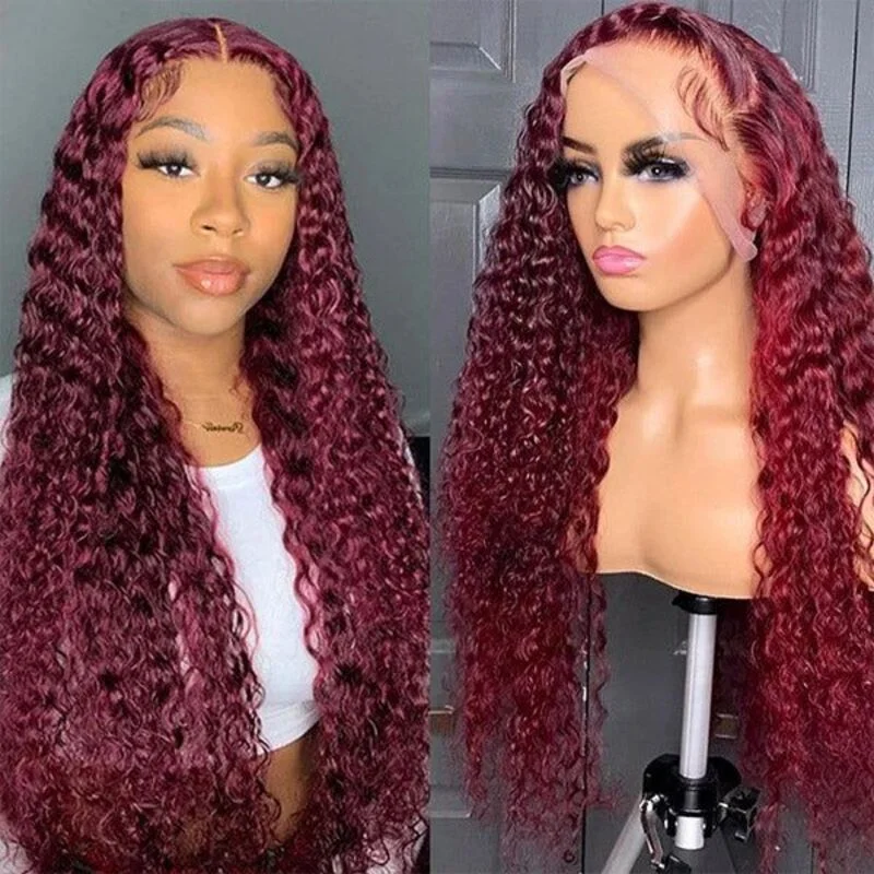 Colored wig with a pre - plucked hairline for a more natural look#99J Burgundy Color Curly Wave Wig HD Transparent Lace Wig 100% Virgin Human Hair Colored wig with a pre - plucked hairline for a more natural look#99J Burgundy Color Curly Wave Wig HD Transparent Lace Wig 100% Virgin Human Hair