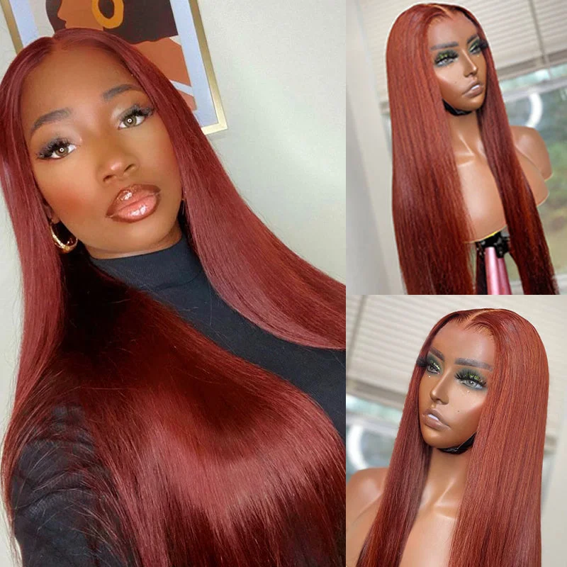 Colored wig with a wispy fringe for a soft and feminine look#33 Reddish Brown Straight HD Lace Wig Auburn Copper Color Wig Human Hair