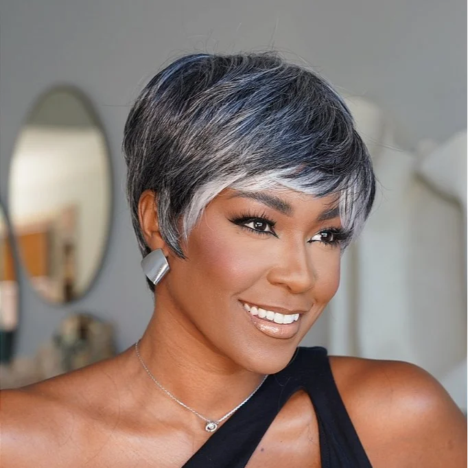 Colored wig with a red - orange hue for a warm and energetic lookSalt And Pepper Layered Pixie Cut Wig with Bangs Colored wig with a red - orange hue for a warm and energetic lookSalt And Pepper Layered Pixie Cut Wig with Bangs